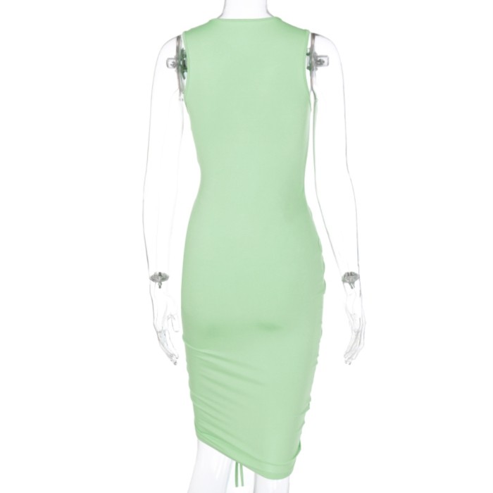 Sexy Sleeveless Ruched Green Midi Dress
