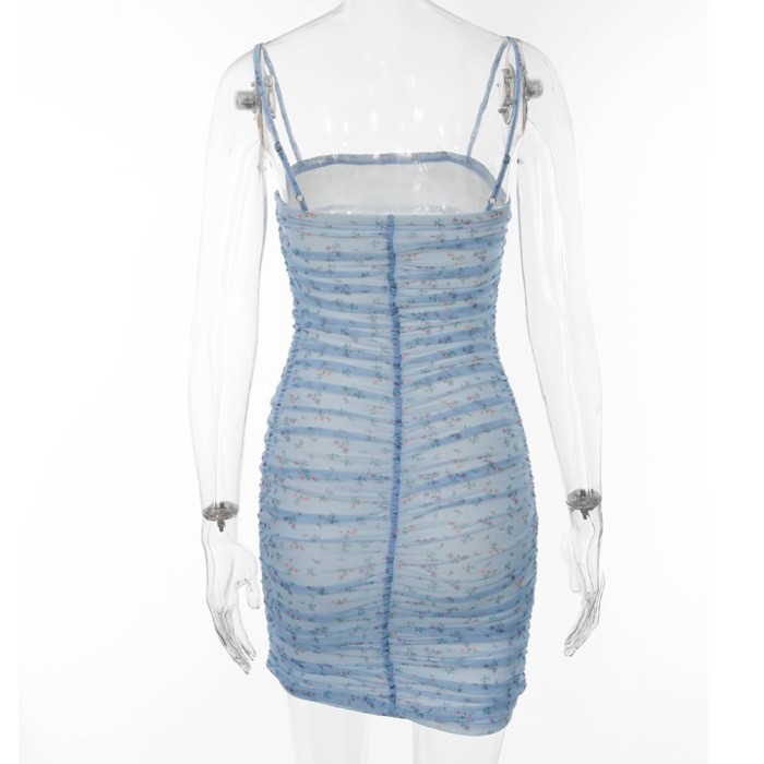 Summer Floral Blue Strap Slim Dress