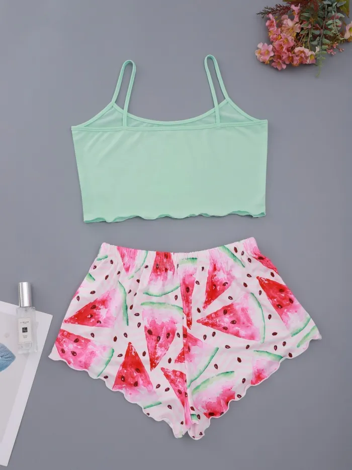 Women Summer Print Two Piece Shorts Pajama Set