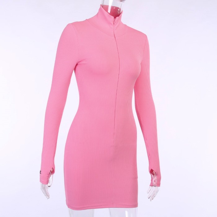 Long Sleeve Knitted Zipper Mini Dress