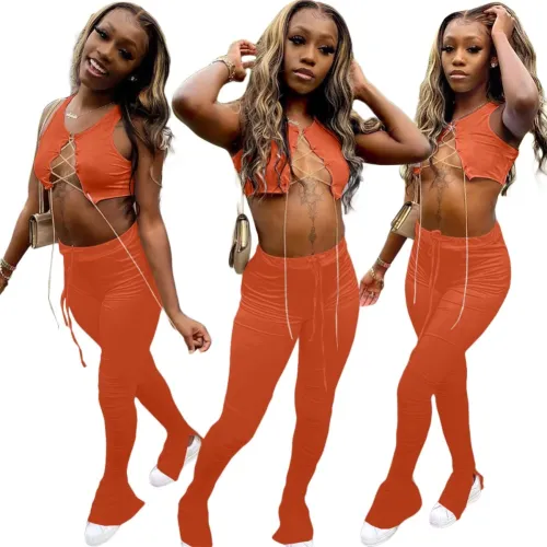 Sexy Lace Up Crop Top and High Waist Stacked Legging Set