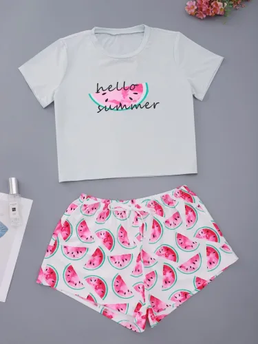 Women Summer Print Two Piece Shorts Pajama Set
