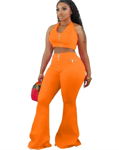 Sexy Plain Halter Crop Top and Flare Pants Set