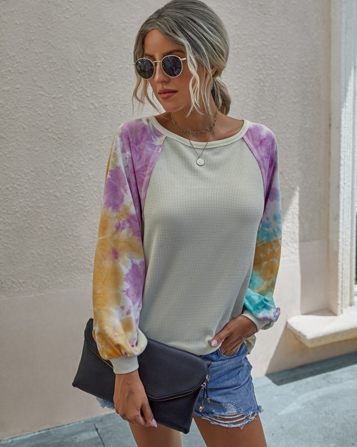 Autumn Tie Dye O Neck Shirt with Pop Sleeves