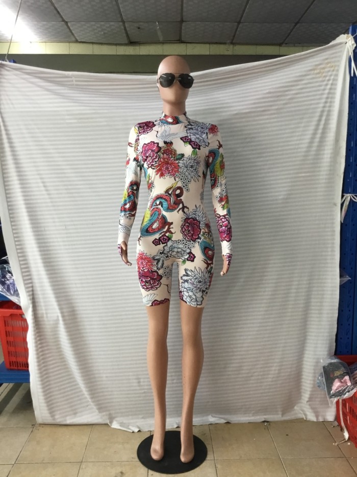 Long Sleeve Print Retro Bodycon Rompers