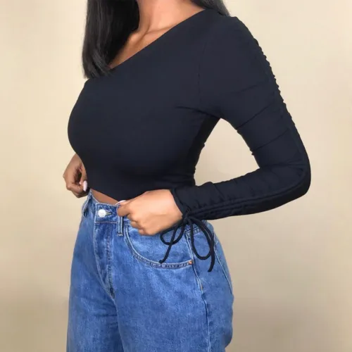 Solid Color One Shulder Sexy Top with Sleeves