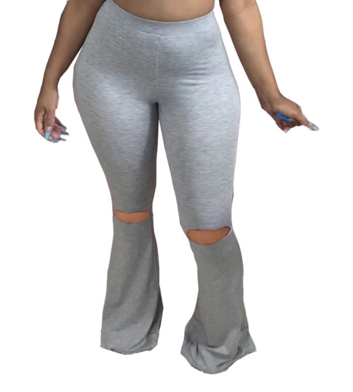 Lips Print High Waist Bell Bottom Ripped Trousers