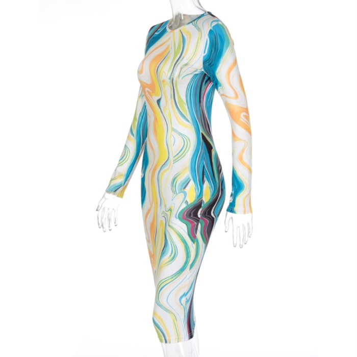 Long Sleeve African Colorful Midi Dress
