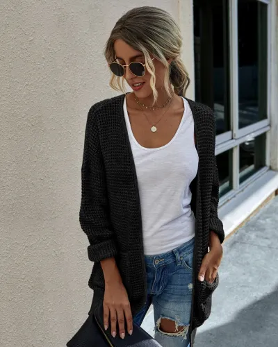 Autumn Plain Knitted Pocket Cardigans
