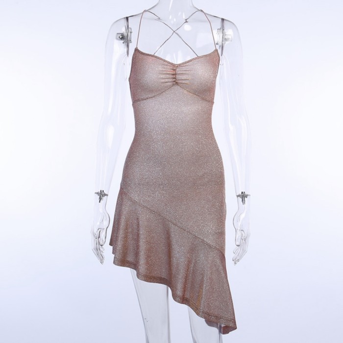 Sexy Metallic Irregular Halter Club Dress