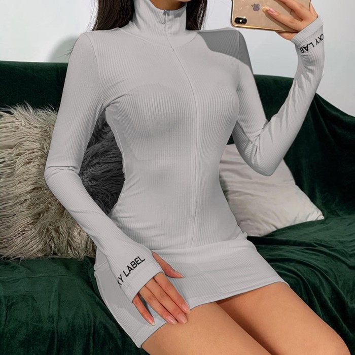Long Sleeve Knitted Zipper Mini Dress