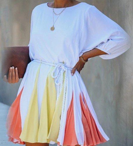 African Colorful Pleated Skater Dress with Belt