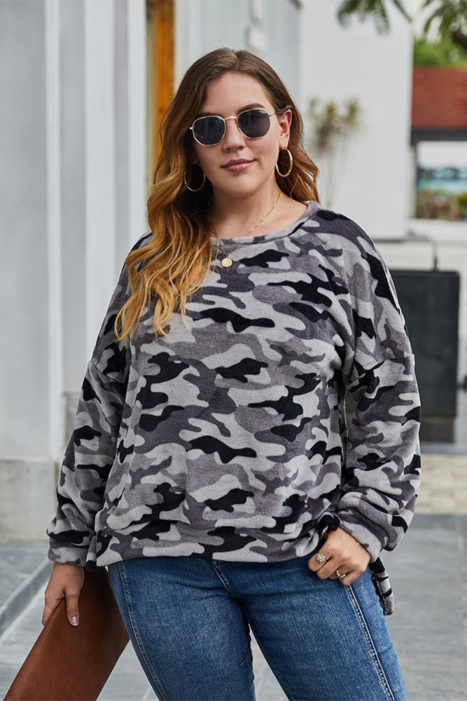 Plus Size O Neck Camou Shirt with Slit Sides