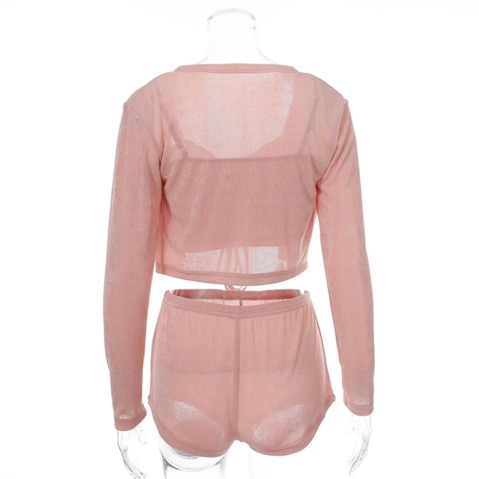 3PC Pink Sexy Crop Top and Shorts Set