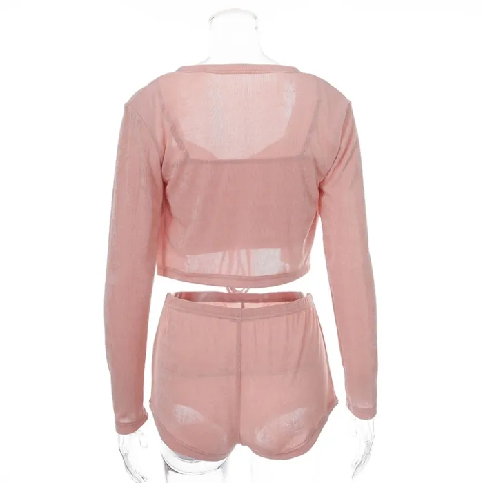 3PC Pink Sexy Crop Top and Shorts Set