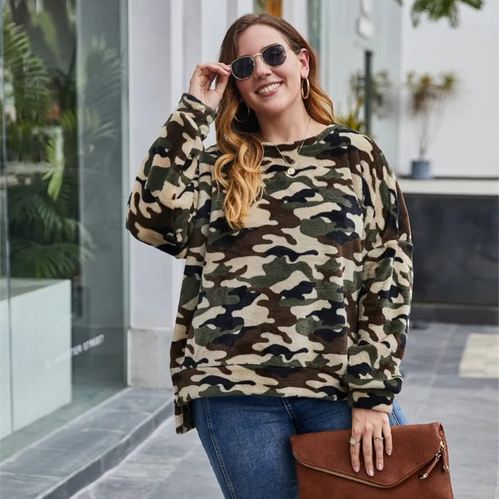 Plus Size O Neck Camou Shirt with Slit Sides