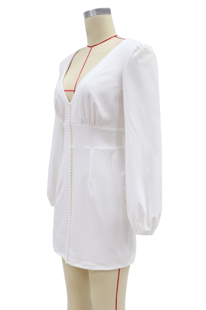 White Sexy Deep-V Mini Dress with Pop Sleeves
