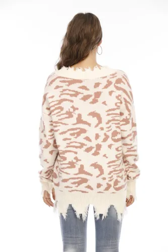 Leopard Print V-Neck Tassels Long Sweater