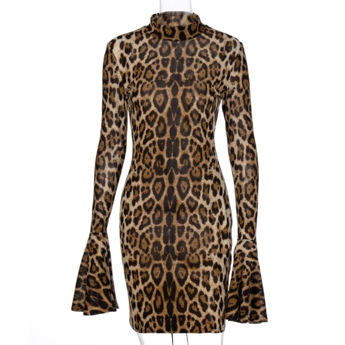 Long Sleeve Leopard Bodycon Dress with Wide Cuffs