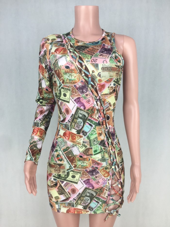 Dollar Print Sexy Lace Up Mini Dress