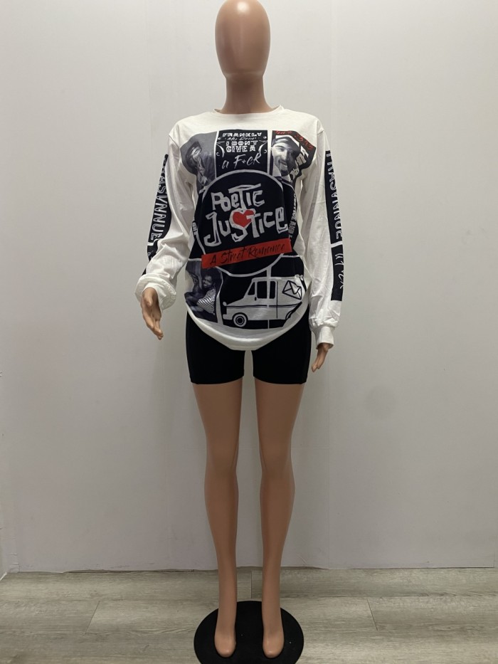 Autumn Print O Neck Long Sleeve Loose Shirt