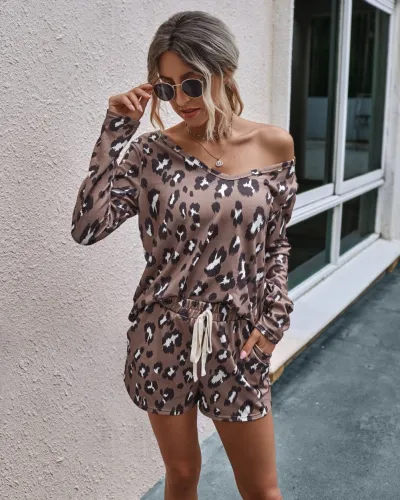 Autumn Casual Two Piece Leopard Shorts Set