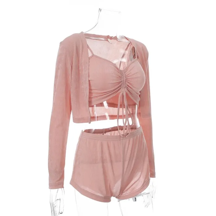 3PC Pink Sexy Crop Top and Shorts Set