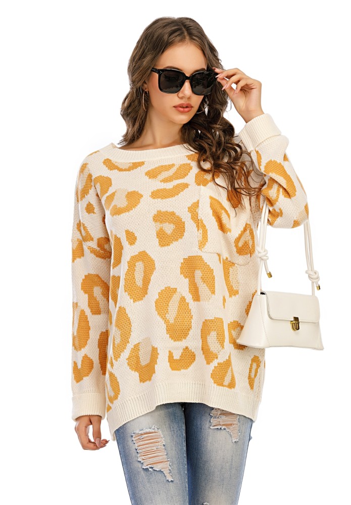 Leopard Print O-Neck Long Sweater