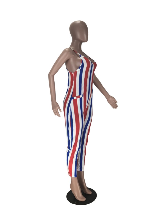 Casual Striped Colorful Strap Loose Jumpsuit