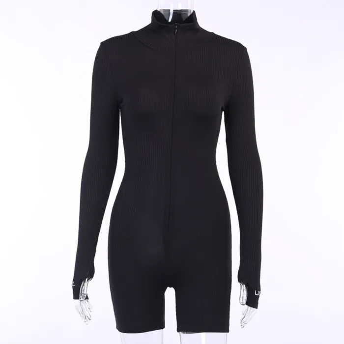 Sports Fitness Solid Zipper Rompers Jumpsuit