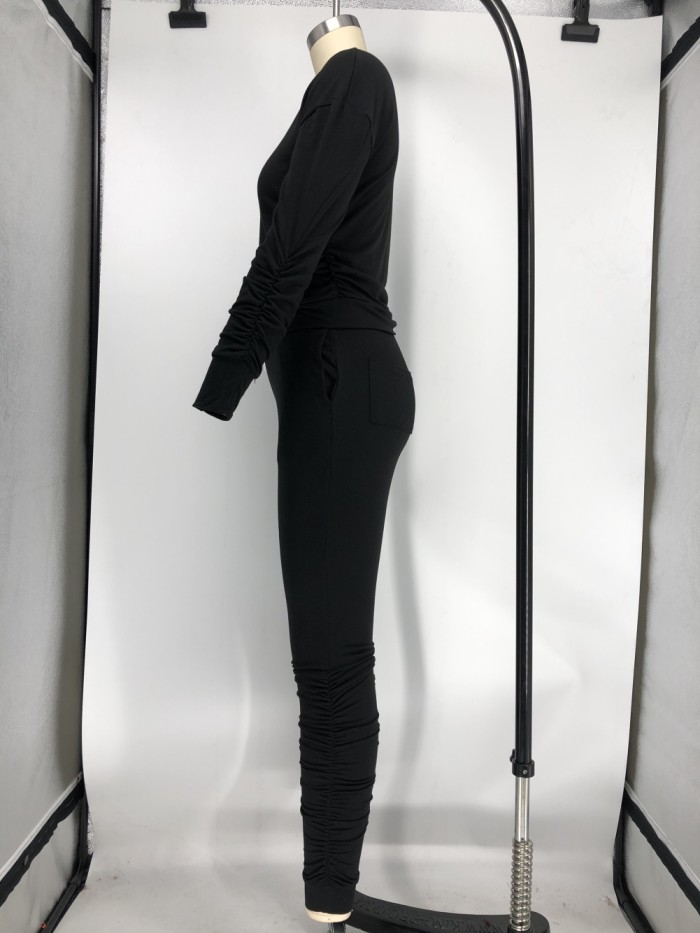 Casual Plain Two Piece Stacked Pants Set