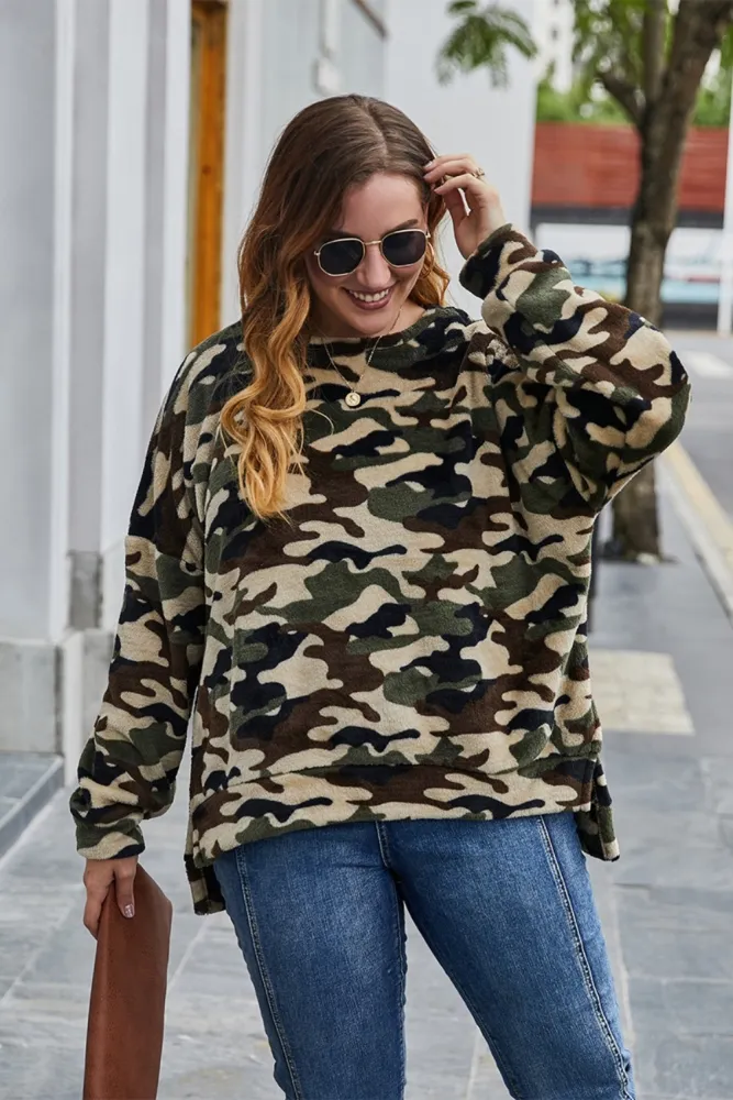 Plus Size O Neck Camou Shirt with Slit Sides