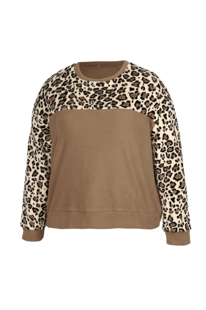 Plus Size O Neck Leopard Plush Shirt