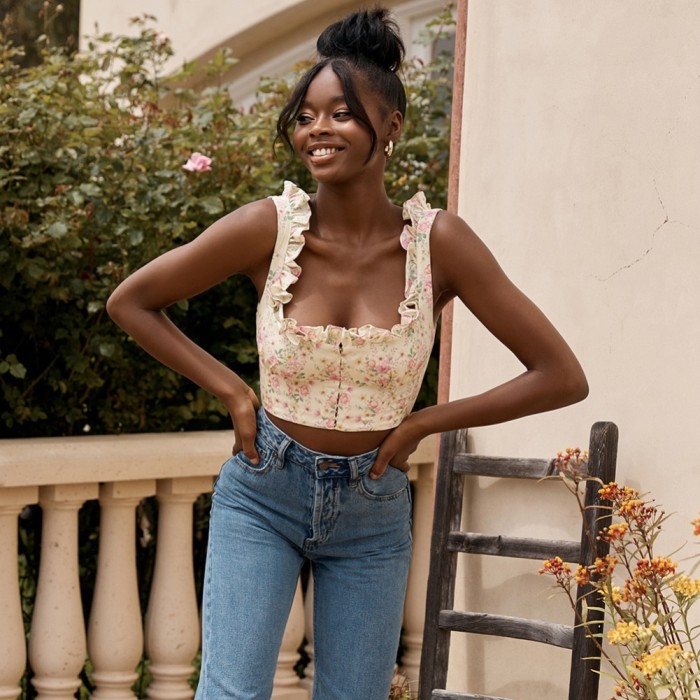 Summer Vintage Floral Sleeveless Ruffle Crop Top