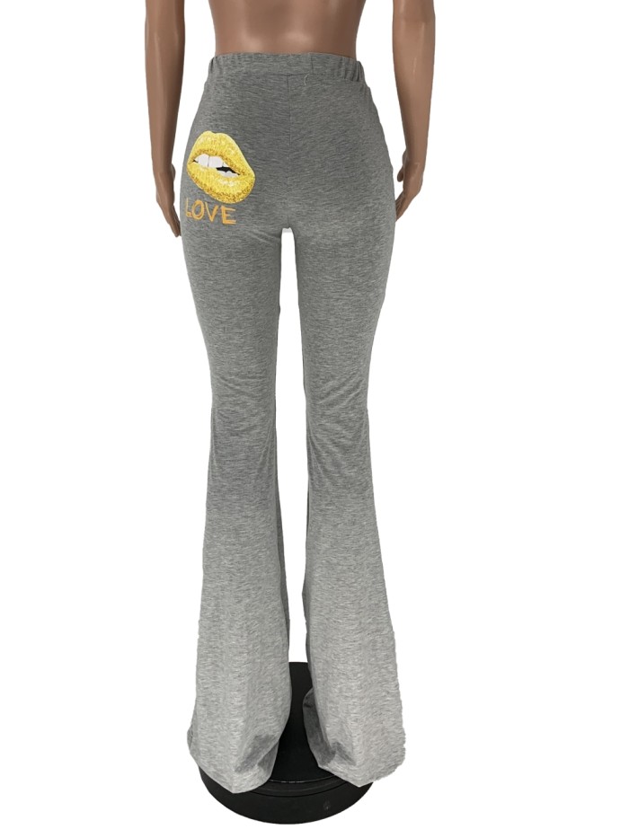 Lips Print High Waist Bell Bottom Ripped Trousers