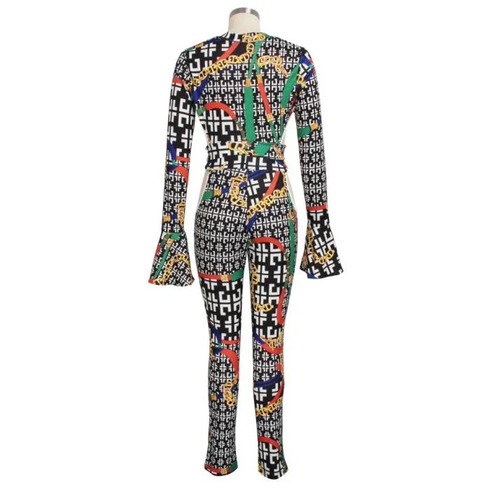 Print Retro African Long Sleeve Crop Top and Pants Set