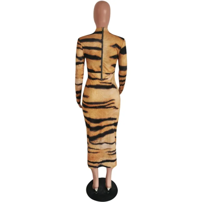 Sexy Tiger Print Long Curvy Dress with Full Sleeves