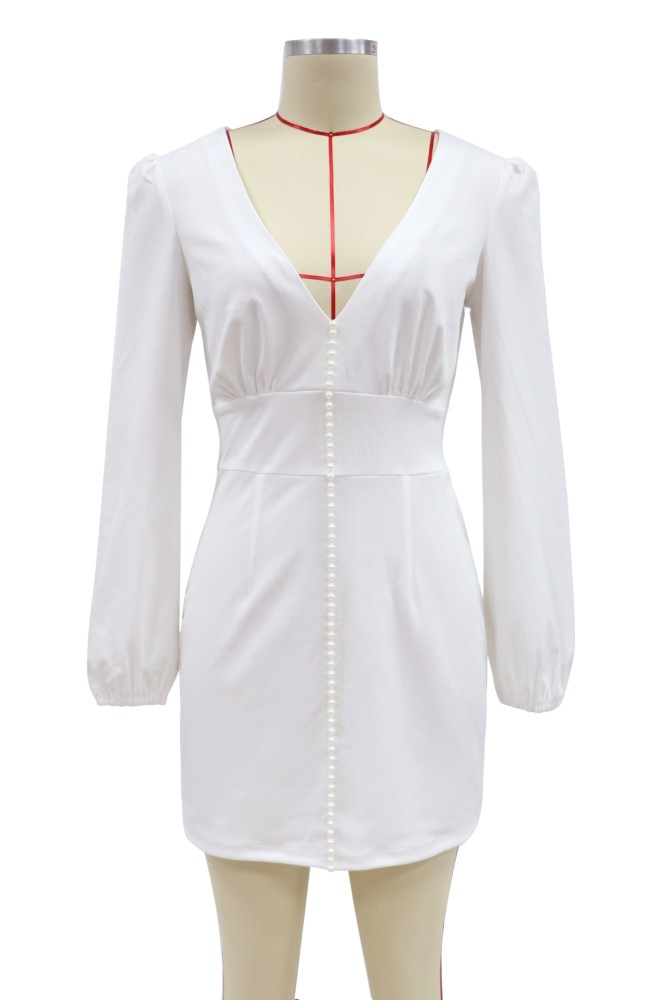 White Sexy Deep-V Mini Dress with Pop Sleeves