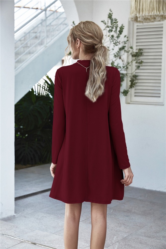 Autumn Plain A-Line Pocket Shirt Dress