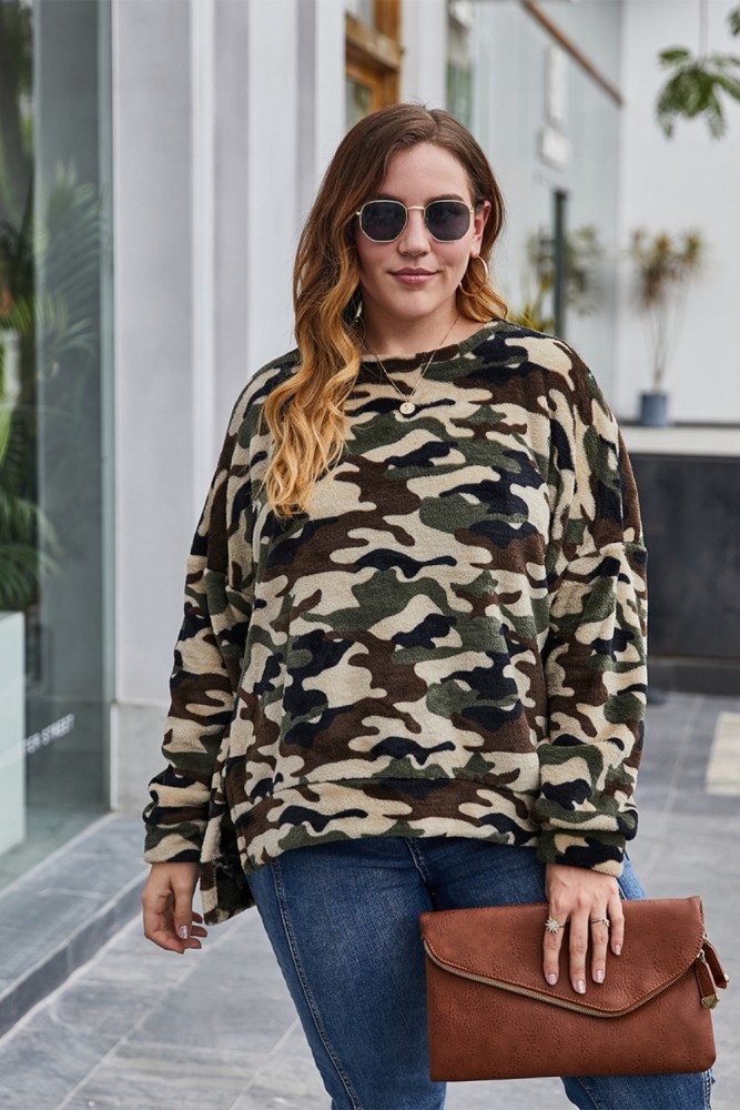 Plus Size O Neck Camou Shirt with Slit Sides