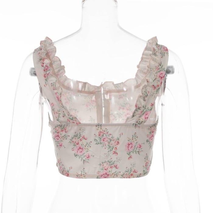 Summer Vintage Floral Sleeveless Ruffle Crop Top