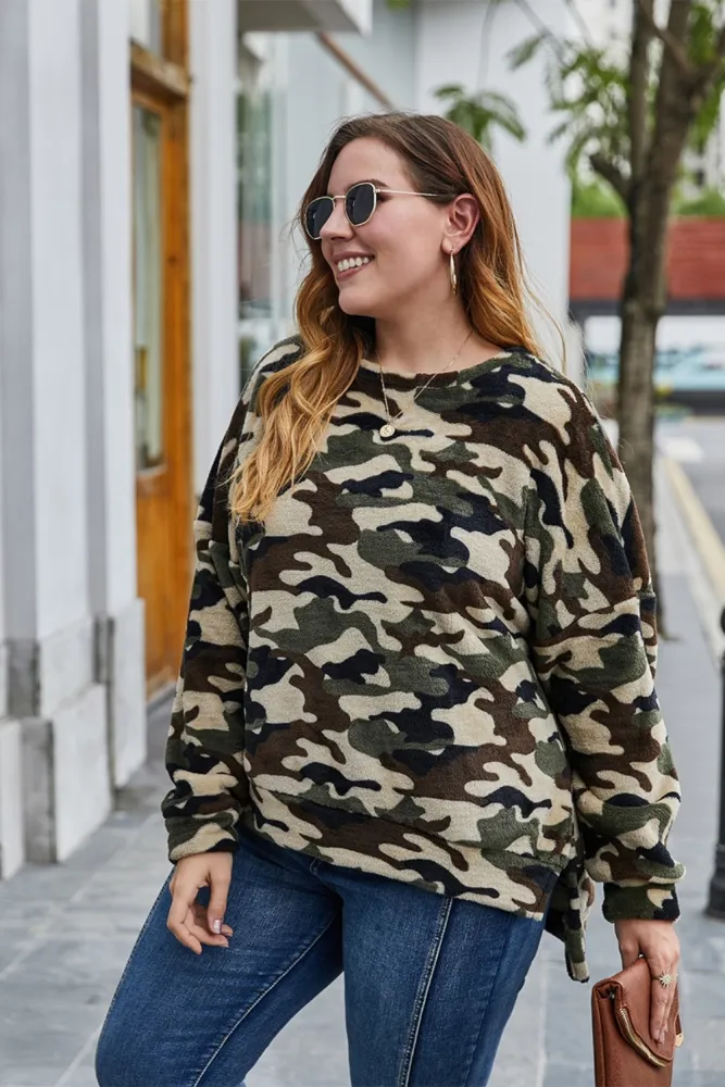 Plus Size O Neck Camou Shirt with Slit Sides