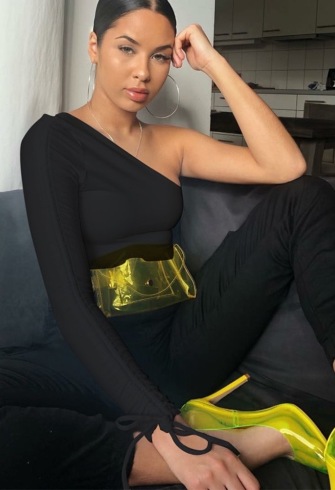 Solid Color One Shulder Sexy Top with Sleeves