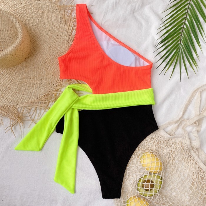 Sexy Contrast One Shoulder One Piece Swimwear