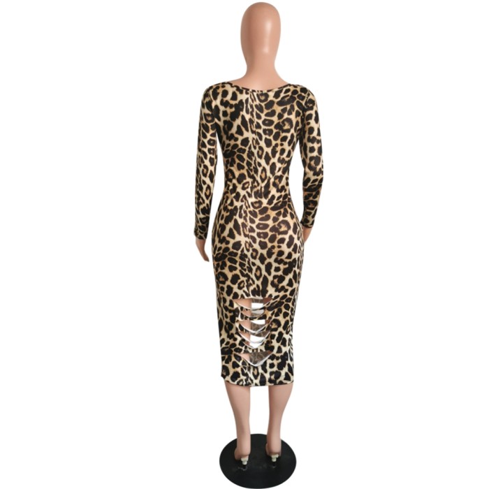 Sexy Leopard Print Long Curvy Dress with Full Sleeves