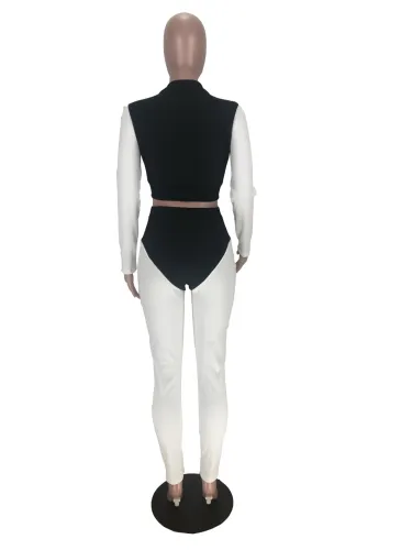 Autumn Contrast Zipper Crop Top and Matching Pants Set