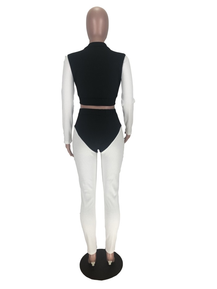 Autumn Contrast Zipper Crop Top and Matching Pants Set