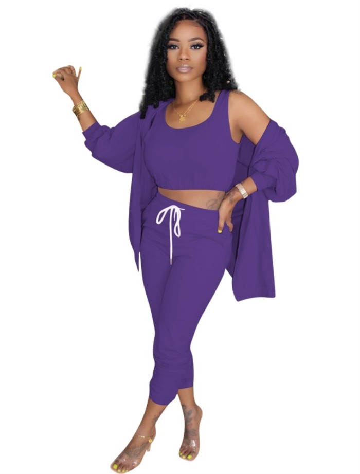 Autumn 3PC Plain Pants Set with Matching Cardigans