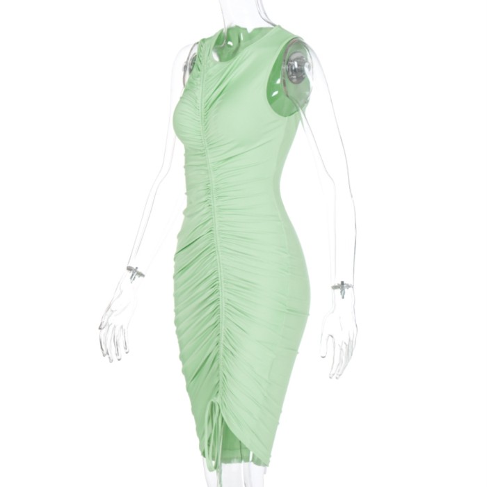 Sexy Sleeveless Ruched Green Midi Dress