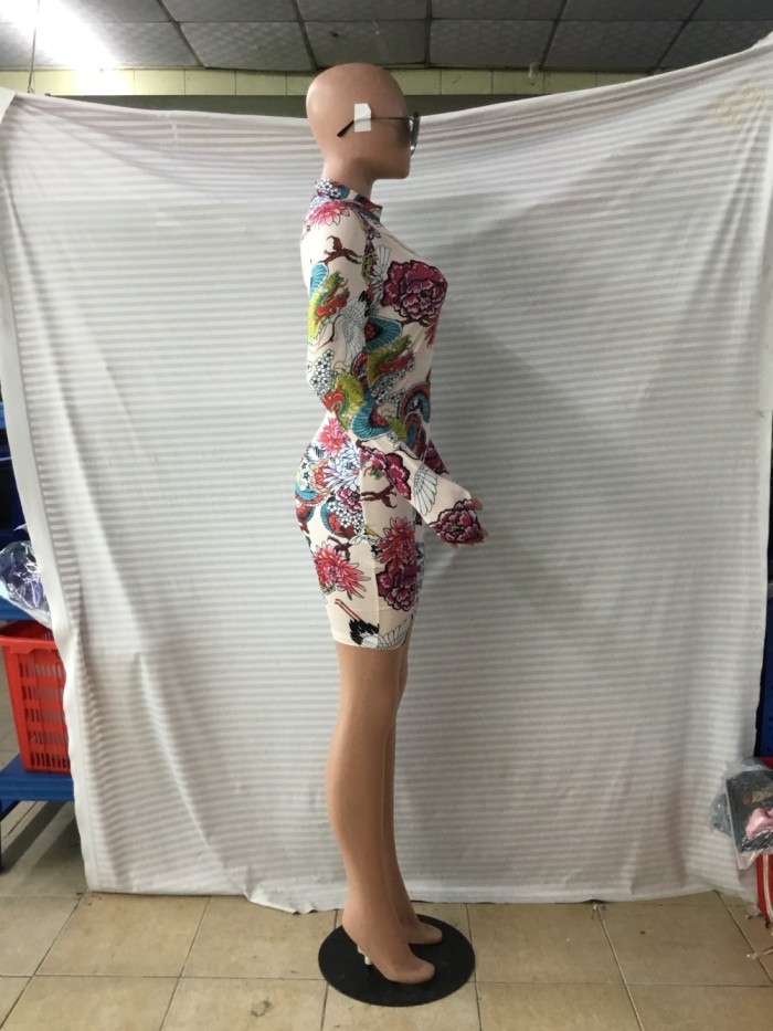 Long Sleeve Print Retro Bodycon Rompers